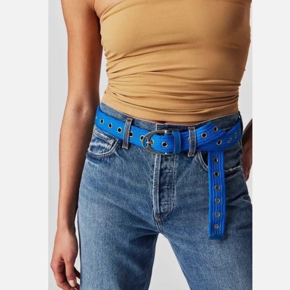NWT Free People Avril Grommet Leather Woven Extra-Long Belt in Cobalt Blue